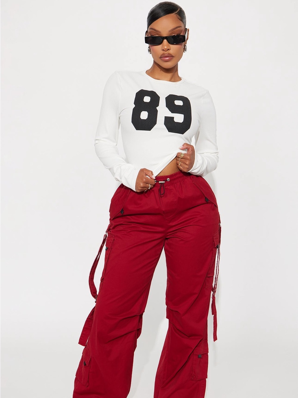 SHEIN Burgundy Cargo Track Pants with Utility Straps
